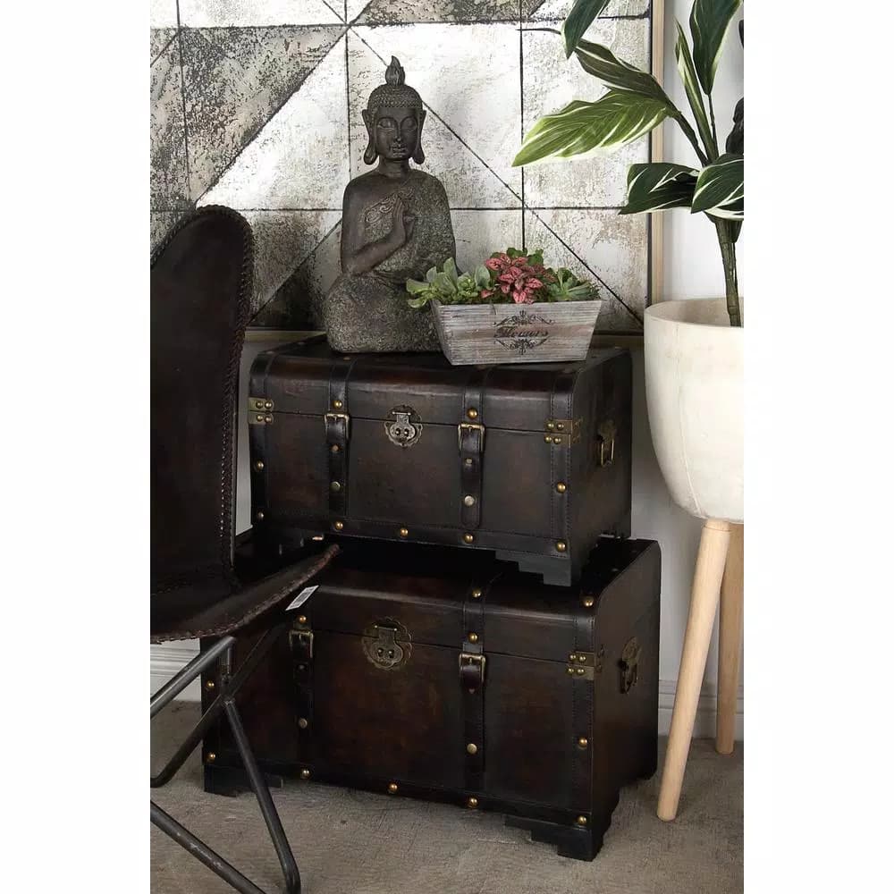 LITTON LANE Set of 3 Distressed Brown Trunk-Style Decorative Boxes with Faux Leather Cover