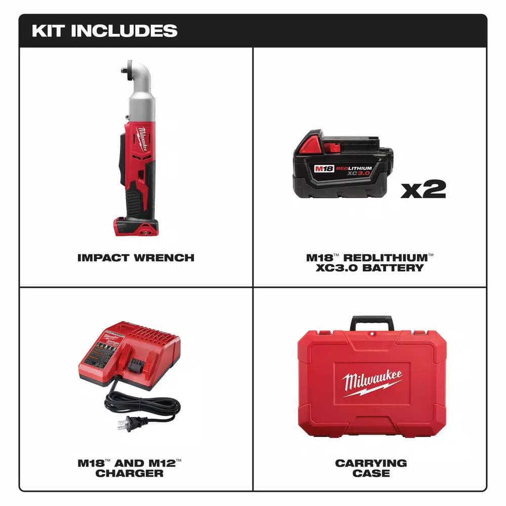 Milwaukee M18 18V Cordless 3/8 in. 2-Speed Right Angle Impact Wrench Kit with (2) 3.0 Ah Batteries, Charger, and Hard Case