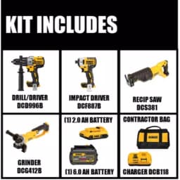 DEWALT 20V MAX XR Brushless Combo Kit with FLEXVOLT 6.0Ah & 2.0Ah Batteries, Hammer Drill, Impact Driver, Grinder & Saw thumbnail 2