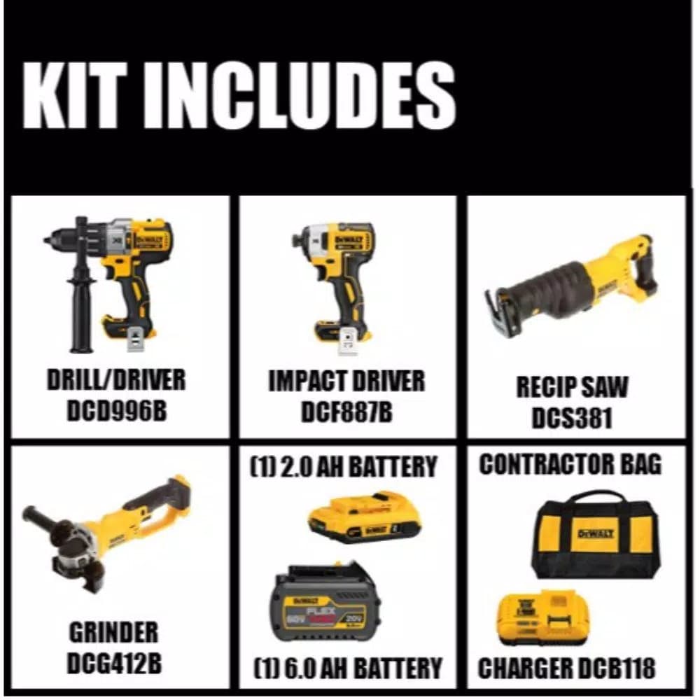 DEWALT 20V MAX XR Brushless Combo Kit with FLEXVOLT 6.0Ah & 2.0Ah Batteries, Hammer Drill, Impact Driver, Grinder & Saw