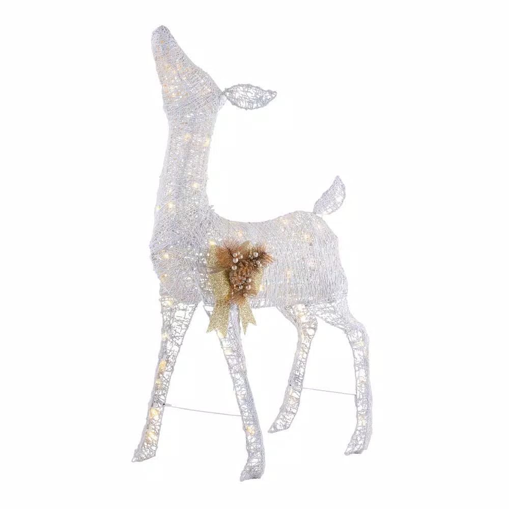 Home Accents Holiday 4 ft LED White Deer with Gold Bow, 80 Warm White Lights, Indoor/Outdoor Yard Decoration