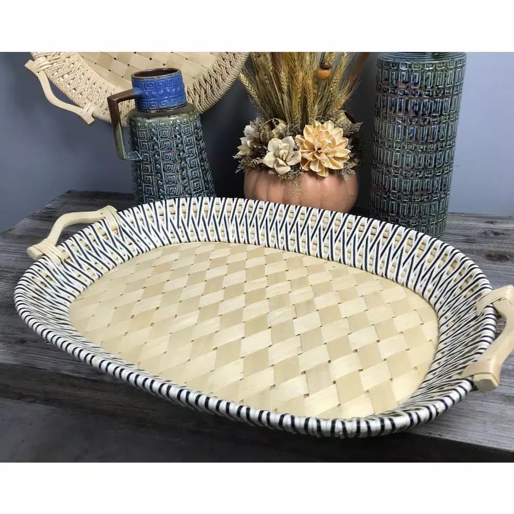 Unbranded Criss Cross Oval Serving Tray - Jute Wrapped Willow and Bamboo with Poplar Handles