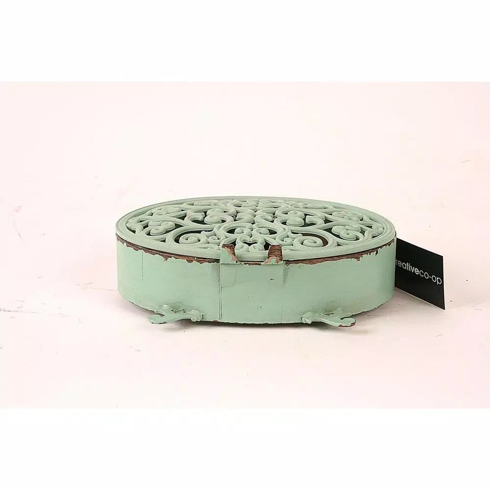 3R Studios Lily 6.25 in. H x 6.5 in. W Aqua Pewter Table Clock with Distressed Green Finish