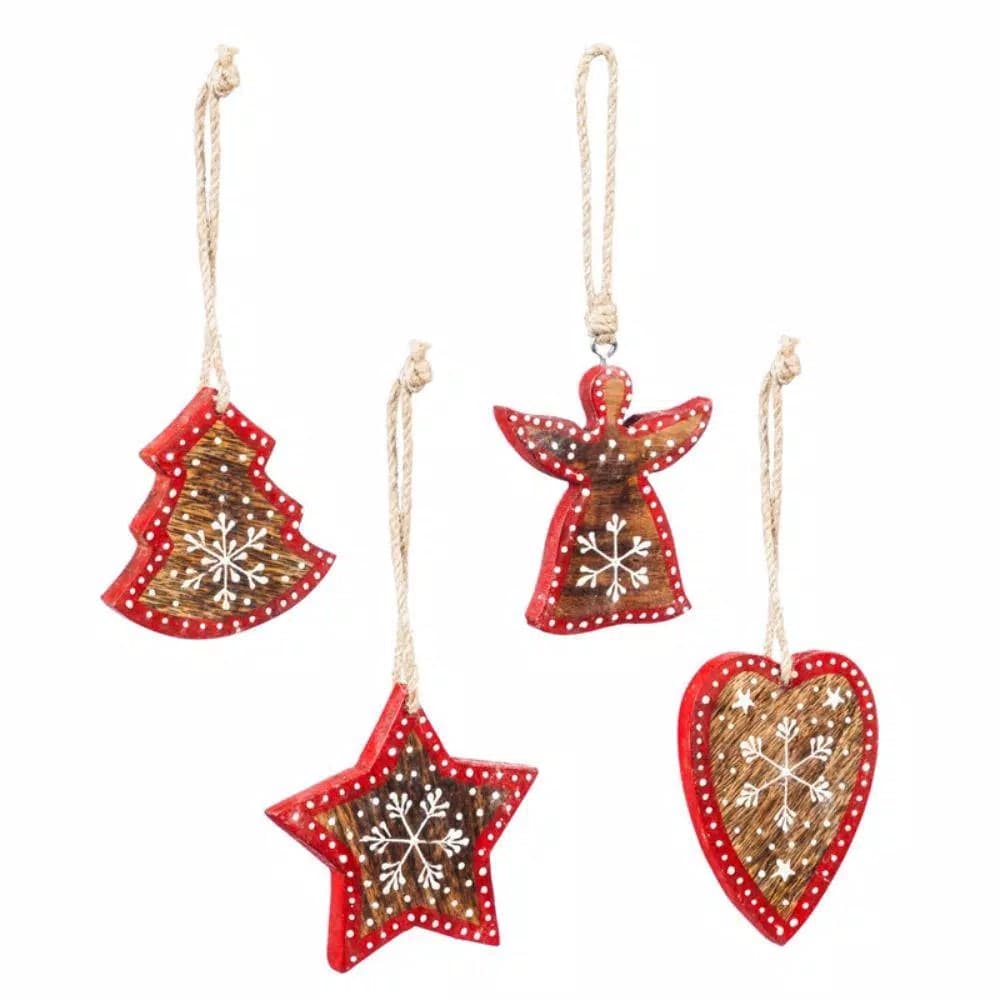 Evergreen 4-Pack Hand-Painted Wood Style Christmas Ornament Set - Star, Heart, Tree, and Angel Designs