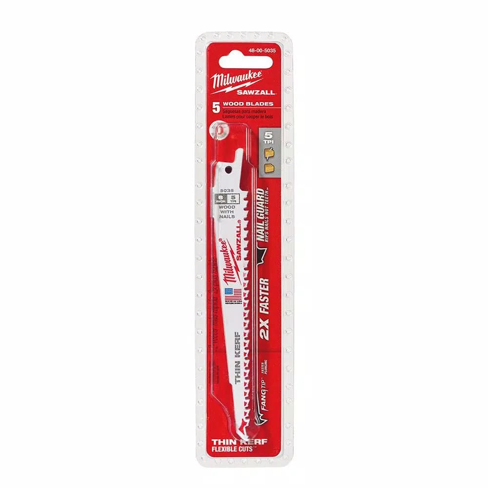 Milwaukee 6 in. Bi-Metal Wood Cutting Reciprocating Saw Blades, 5 TPI (5 Pack)