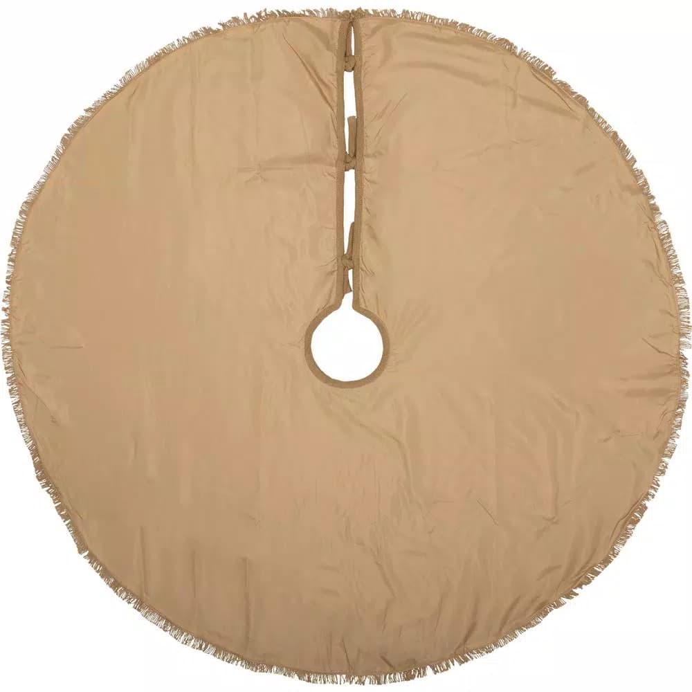 VHC Brands 48 in. Natural Burlap Christmas Tree Skirt with Fringed Edge and Taffeta Reverse