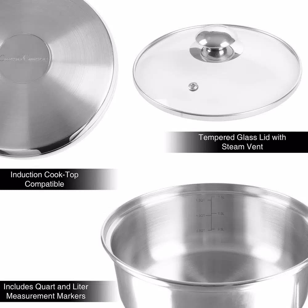 Classic Cuisine 1.5 Qt. Stainless Steel Double Boiler Saucepan Set with Tempered Glass Lid