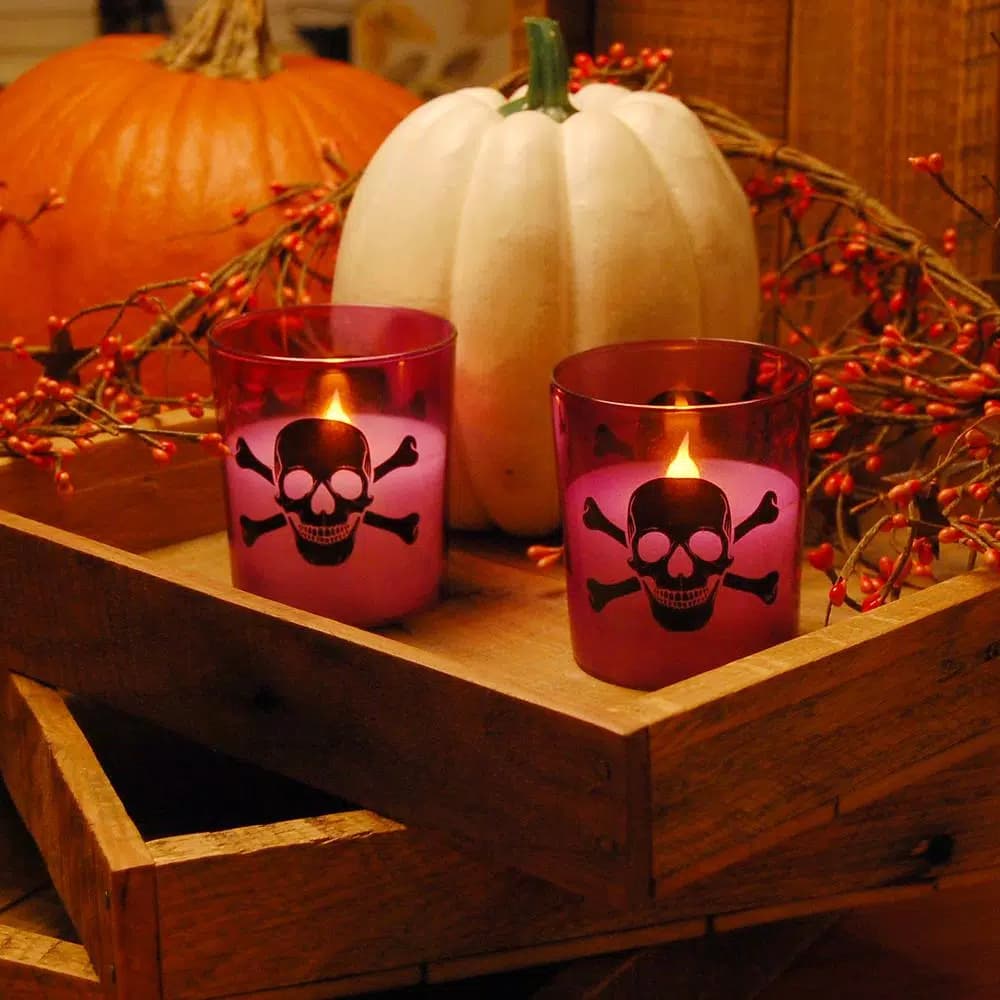 LUMABASE Skull and Crossbones Purple Glass LED Battery Operated Candles, Set of 2