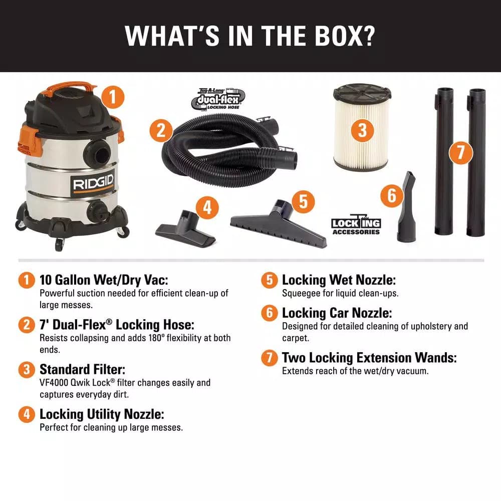RIDGID 10 Gal. 6.0 Peak HP Stainless Steel Wet/Dry Shop Vacuum with Locking Accessories