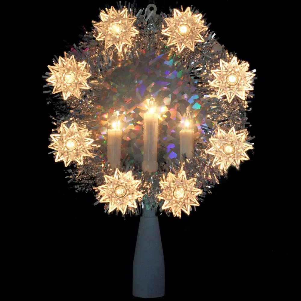 Northlight 7 in. Silver Tinsel Christmas Tree Topper Wreath with Lighted Candles and Star Lights