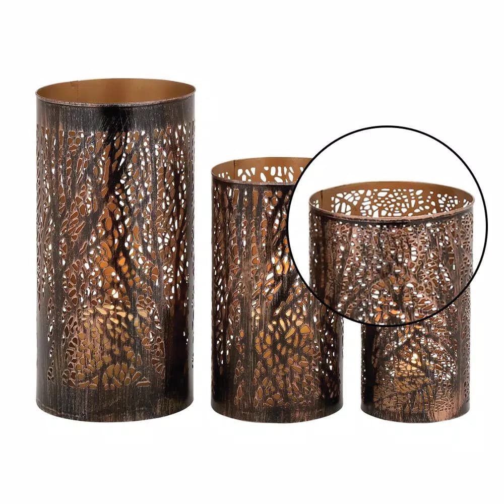 LITTON LANE Iron Hurricane Candle Holder Set of 3 - 12 in. x 6 in. Bronze Brass with Tree Branch Cutouts