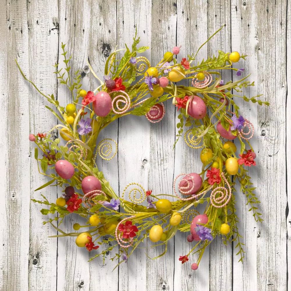 National Tree Company 24 in. Garden Accents Easter Wreath with Mixed Flowers, Eggs, and Butterflies