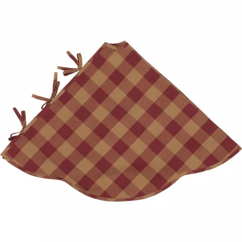 VHC Brands 55 in. Burgundy Check Red Primitive Christmas Tree Skirt with Scalloped Edge