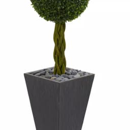 Nearly Natural 5 ft. Artificial Double Ball Boxwood Topiary Tree in Slate Planter with River Rocks thumbnail 3