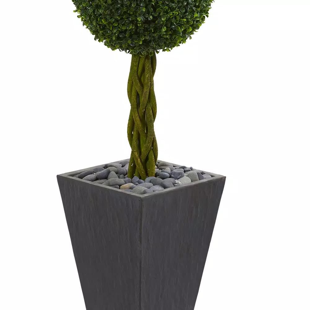 Nearly Natural 5 ft. Artificial Double Ball Boxwood Topiary Tree in Slate Planter with River Rocks