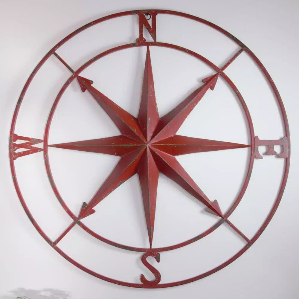 3R Studios 41 in. Compass Rose Metal Wall Plaque - Distressed Red Wall Decor