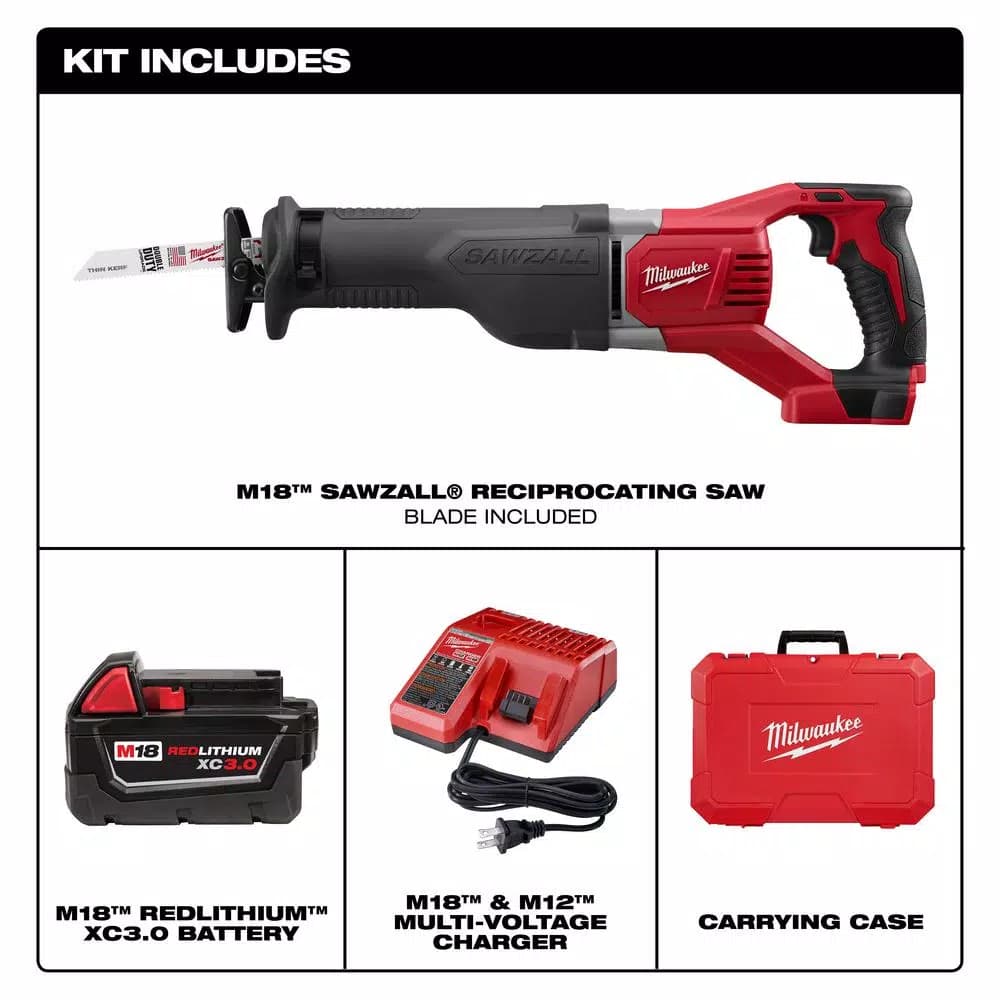 Milwaukee M18 SAWZALL 18V Cordless Reciprocating Saw Kit with 3.0Ah Battery, Charger, and Hard Case