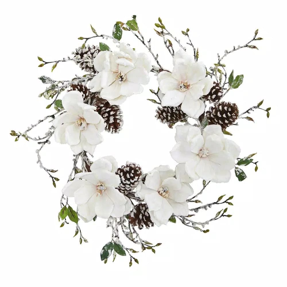 Nearly Natural 24 in. Snowed Magnolia and Pine Cone Wreath, White Rustic Floral Decor