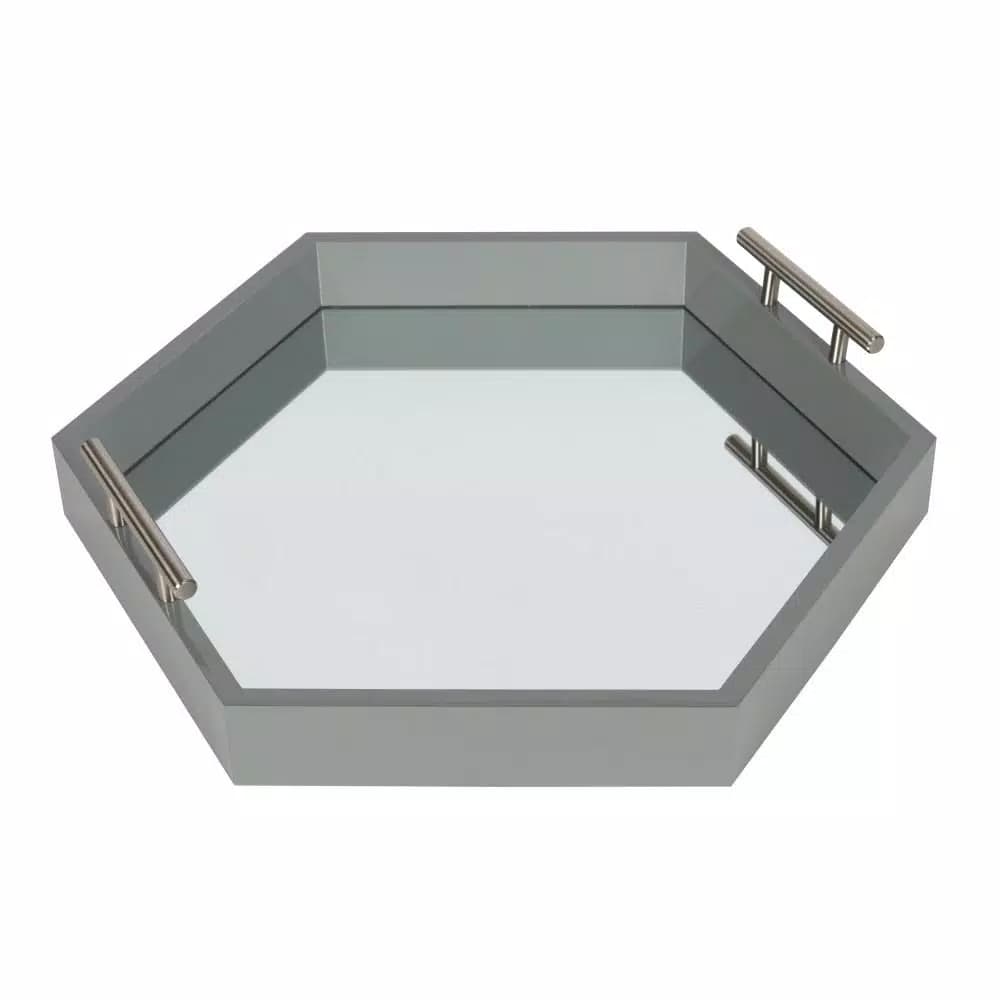 Kate and Laurel Lipton Gray Hexagon Decorative Tray with Mirrored Base and Polished Metal Handles