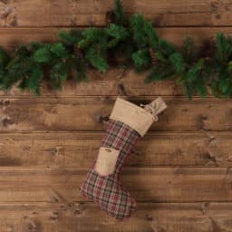 VHC Brands Clement 20 in. Red Plaid and Jute Burlap Rustic Christmas Stocking thumbnail 3