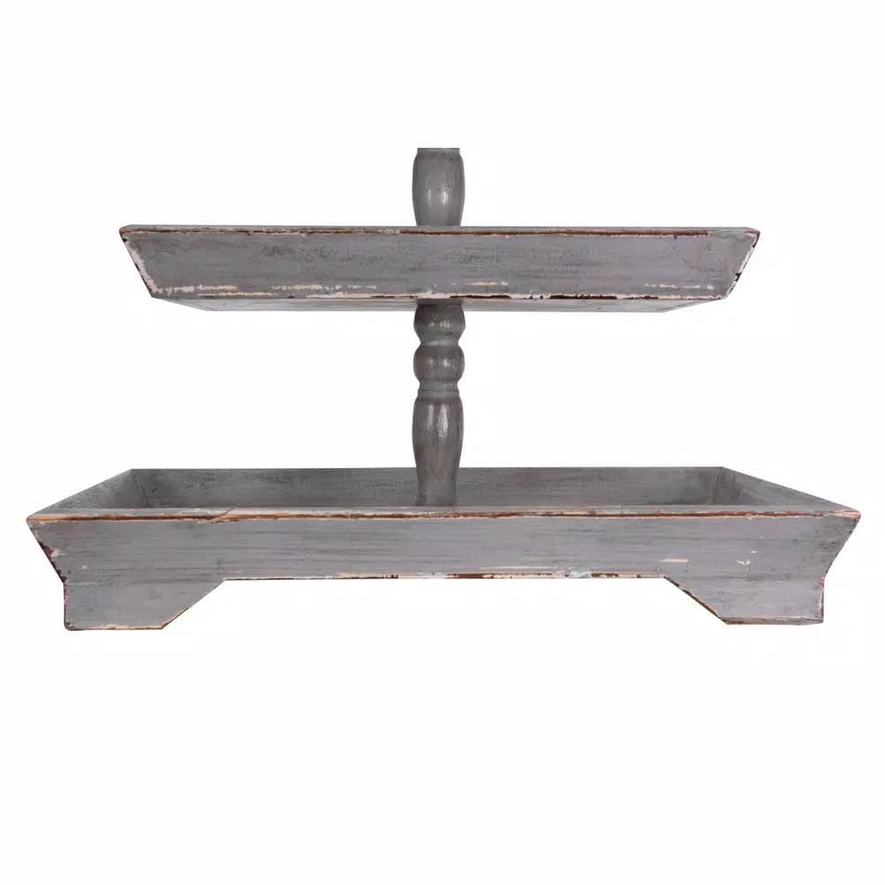 3R Studios Bungalow Lane Grey 3-Tier Decorative Tray with Distressed Wood & Metal Construction