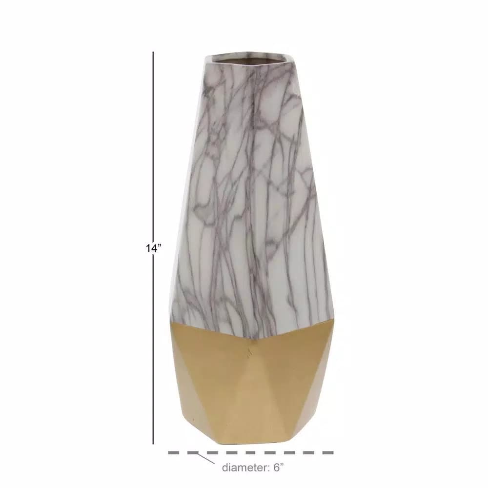 CosmoLiving by Cosmopolitan 14 in. Ceramic Gold and White Marble Glaze Modern Table Vase