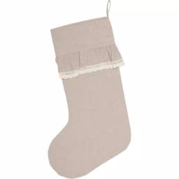 VHC Brands 20 in. Cotton Carol Khaki Tan Chambray Farmhouse Christmas Stocking with Lace and Wood Buttons thumbnail 2