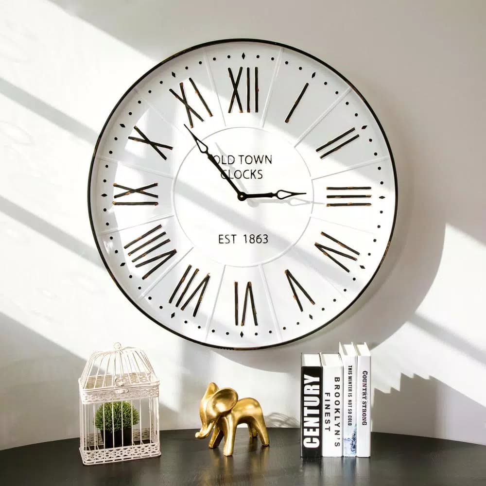Glitzhome 31.5 in. Oversized Farmhouse Metal Enamel Wall Clock - Antique White
