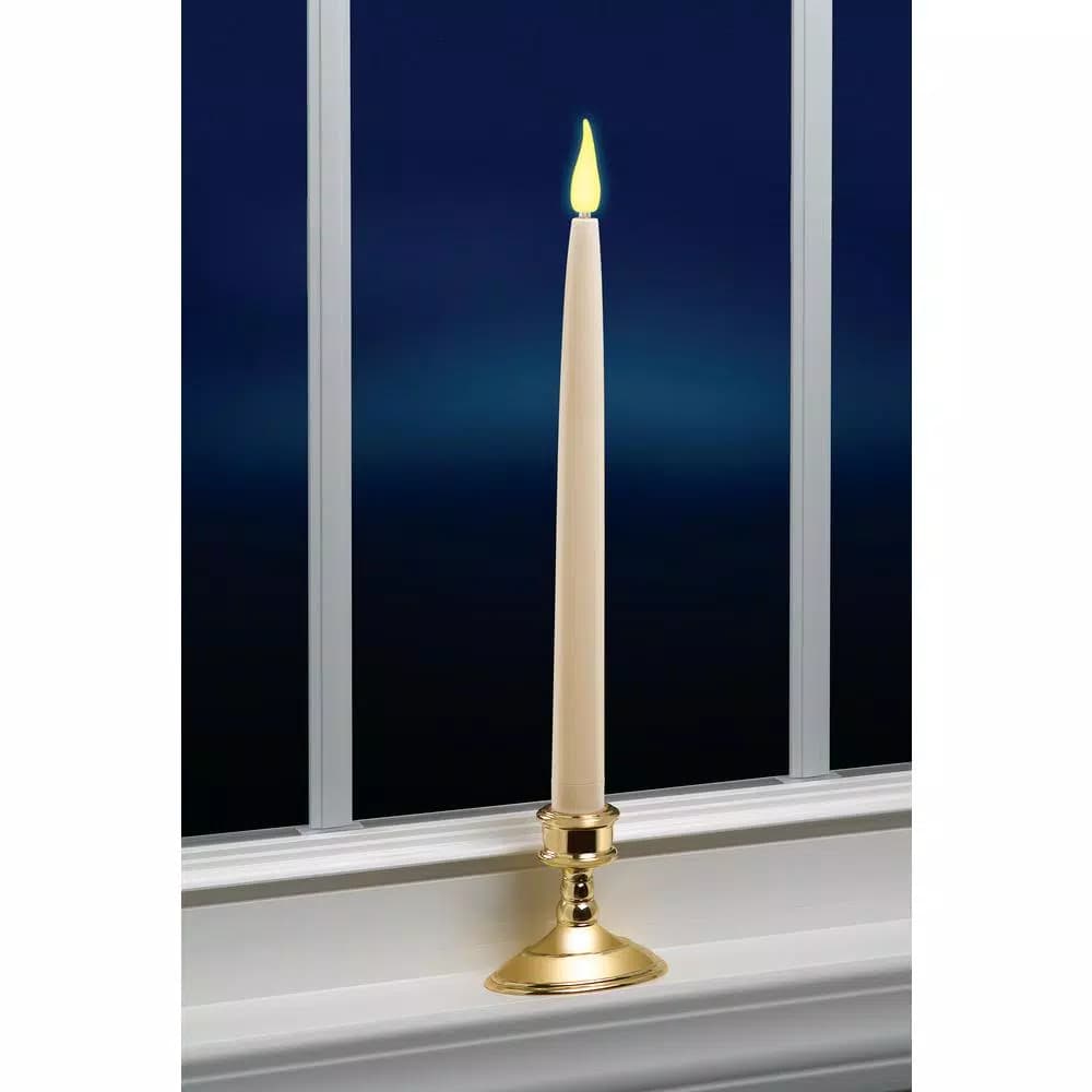 Xodus Innovations 12 in. Ivory Wireless LED Taper Candles with Brass Finish Base and Amber Flame (2-Pack)