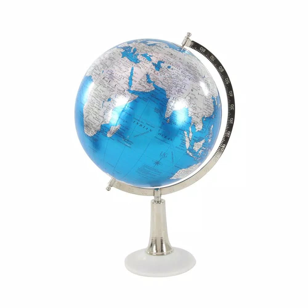 LITTON LANE Modern Reflections 20 in. Blue and Silver Decorative Tabletop Globe with Marble Base