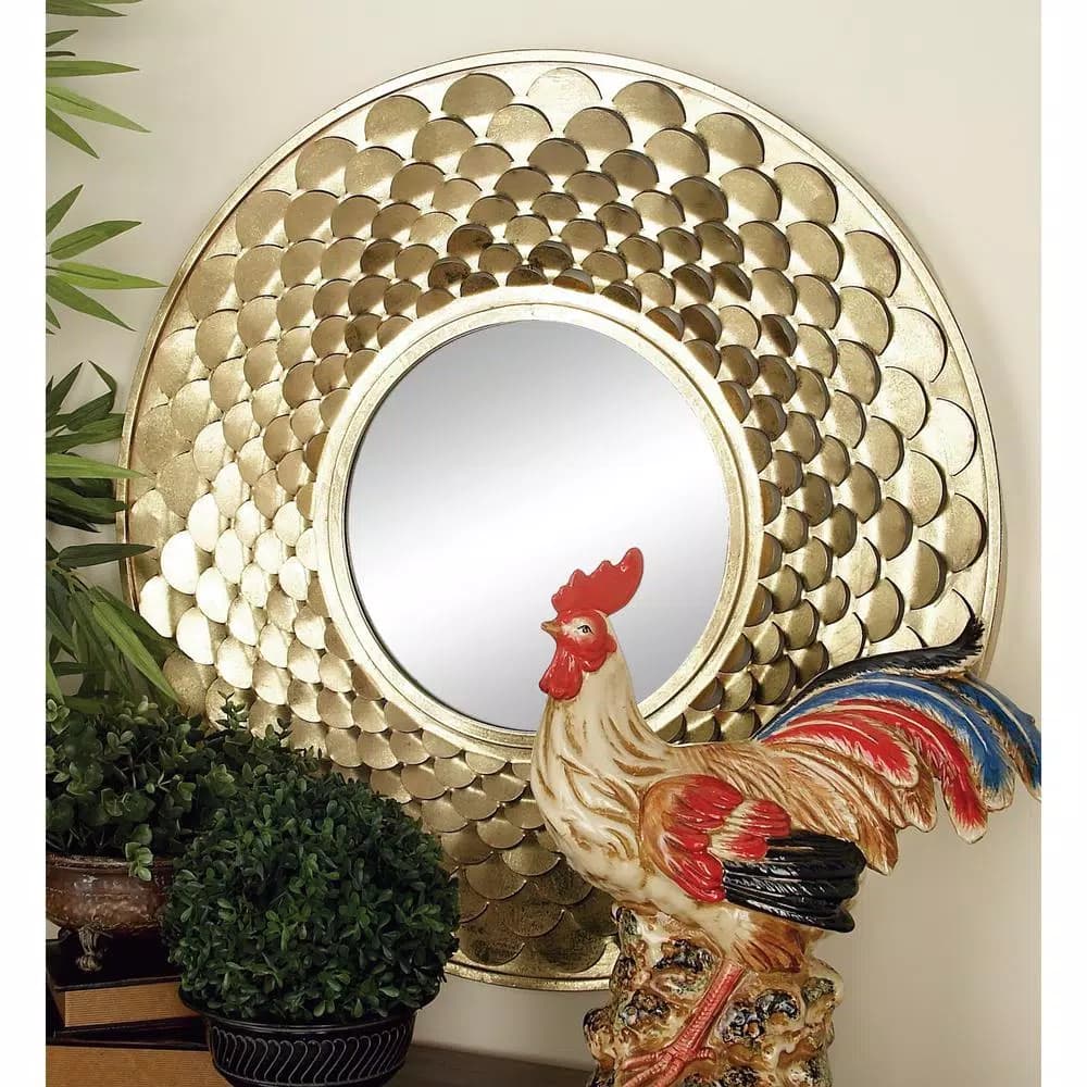 LITTON LANE 32 in. Round Gold Contemporary Iron Accent Mirror with Raised Scale Pattern