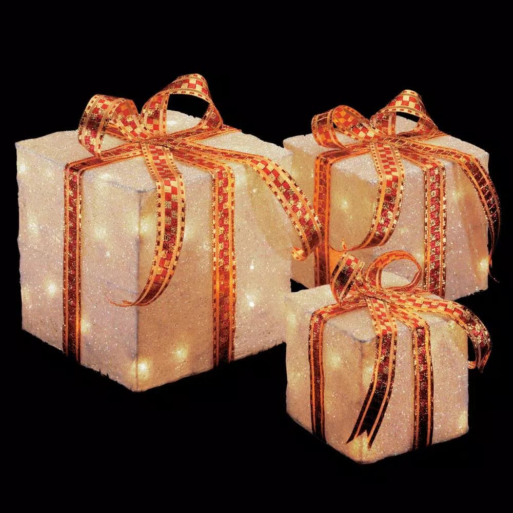 National Tree Company Pre-Lit White Sisal Gift Box Assortment with Clear LED Lights, 3-Piece Set