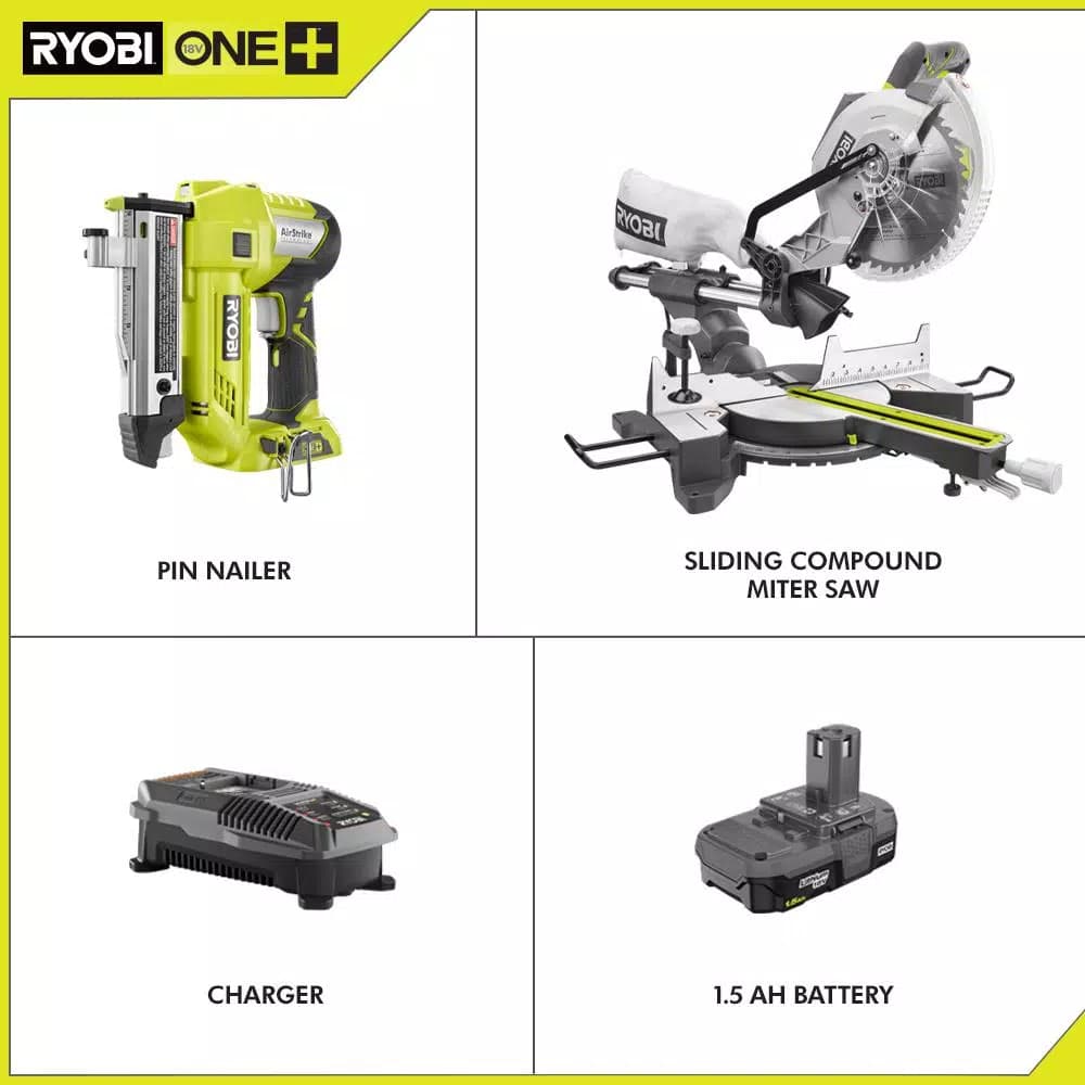 RYOBI 10 in. Sliding Compound Miter Saw and 18V ONE+ AirStrike Pin Nailer Kit