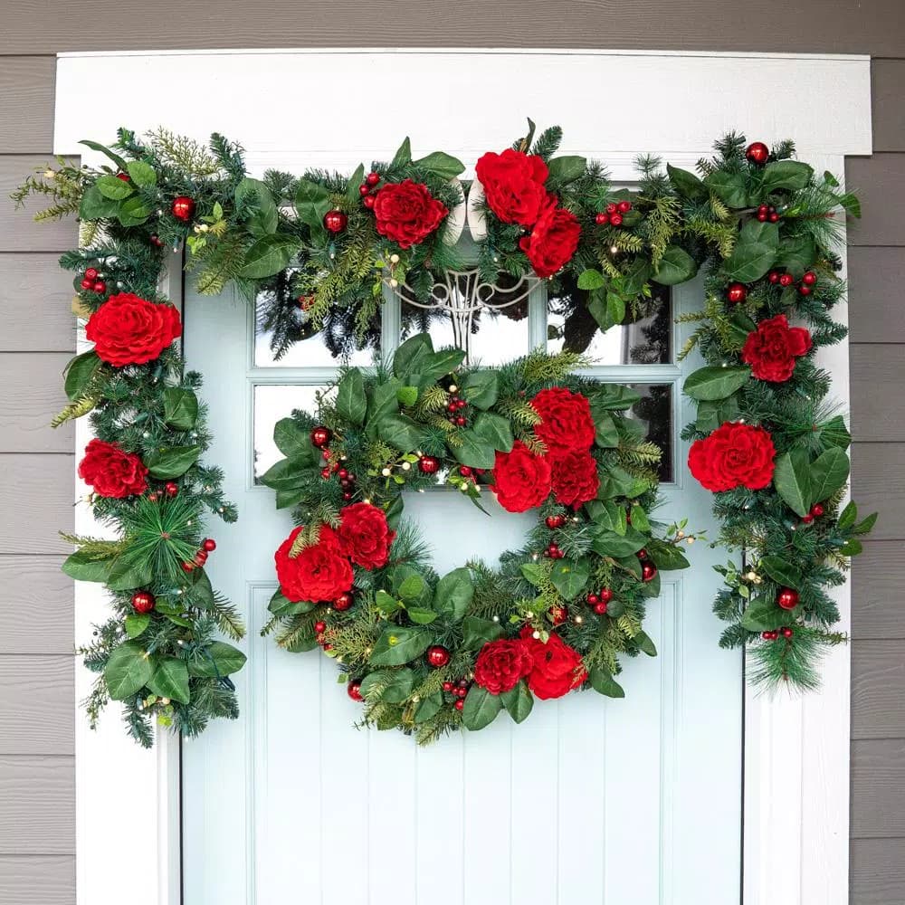 Unbranded 9 ft. Pre-Lit LED Red Peonies and Berry Garland with Remote Control