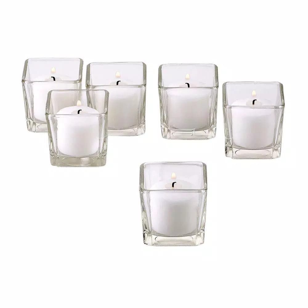 Light In The Dark Clear Glass Square Votive Candle Holders with White Unscented Paraffin Candles, Set of 12