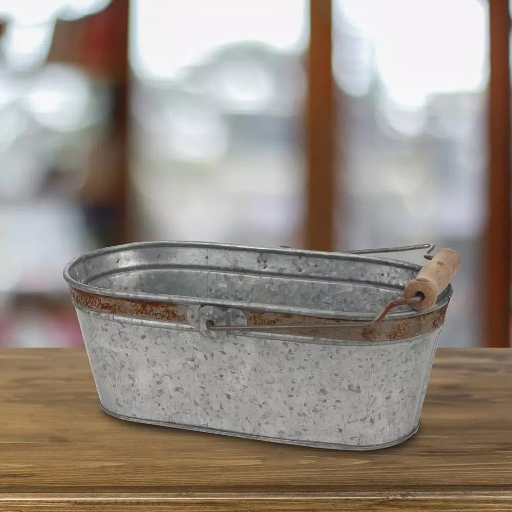 Stonebriar Collection 12 in. Galvanized Metal Decorative Bucket with Rust Trim and Wooden Detail Handle