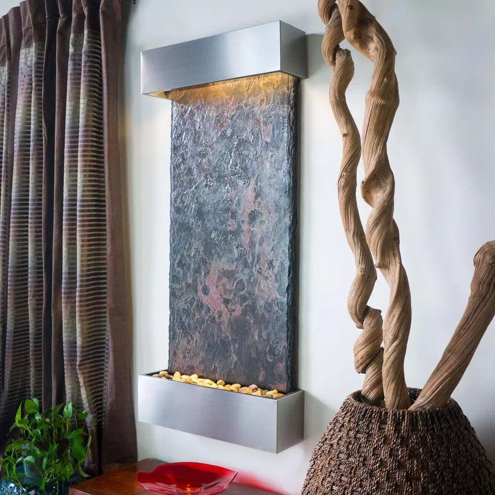 Water Wonders Large Nojoqui Falls Lightweight Slate Wall Fountain with Stainless Steel Trim and LED Lighting