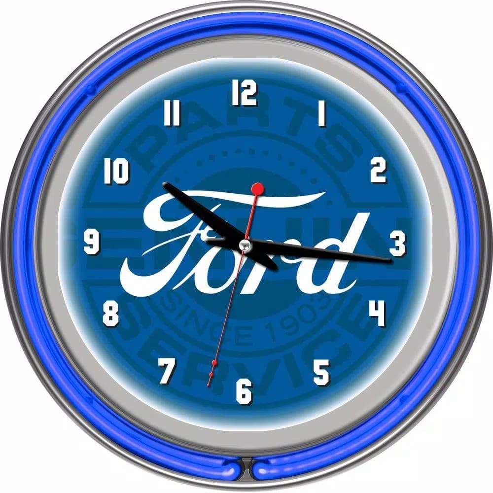 Ford Genuine Parts Double Rung Neon Wall Clock - Chrome Finish, 14.5 in.