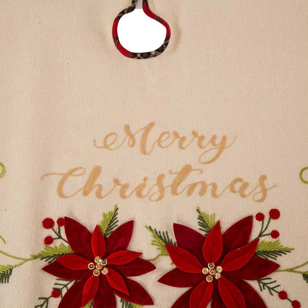 Glitzhome 48 in. Poinsettia Fabric Christmas Tree Skirt with Holly and Red Berries