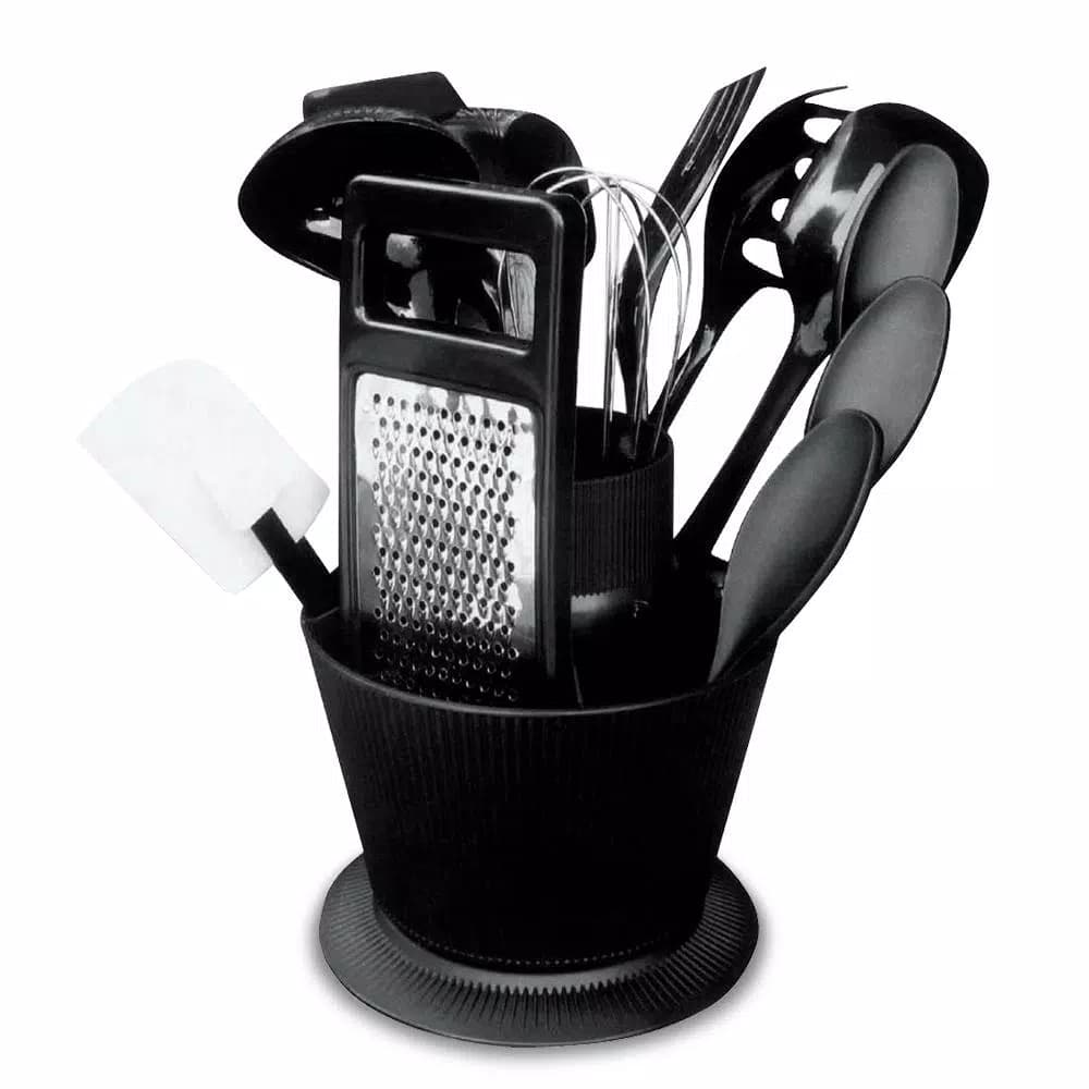Home Basics 14-Piece Kitchen Tool Set with Revolving Storage Crock, Black