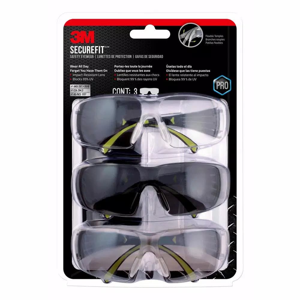 3M SecureFit 400 Series Safety Eyewear, Black/Neon Green, Anti-Fog, 3-Pack