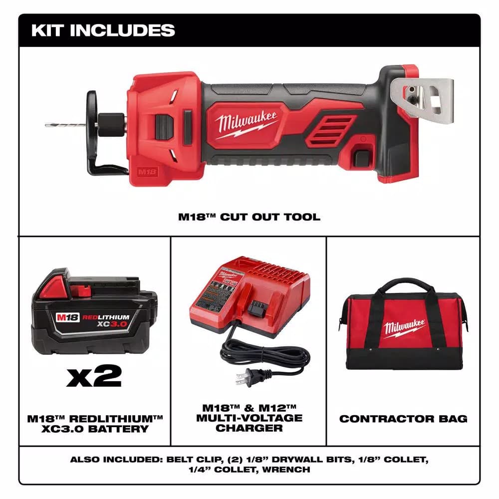 Milwaukee M18 18V Lithium-Ion Cordless Rotary Cut Out Tool Kit with Two 3.0 Ah Batteries, Charger and Bag