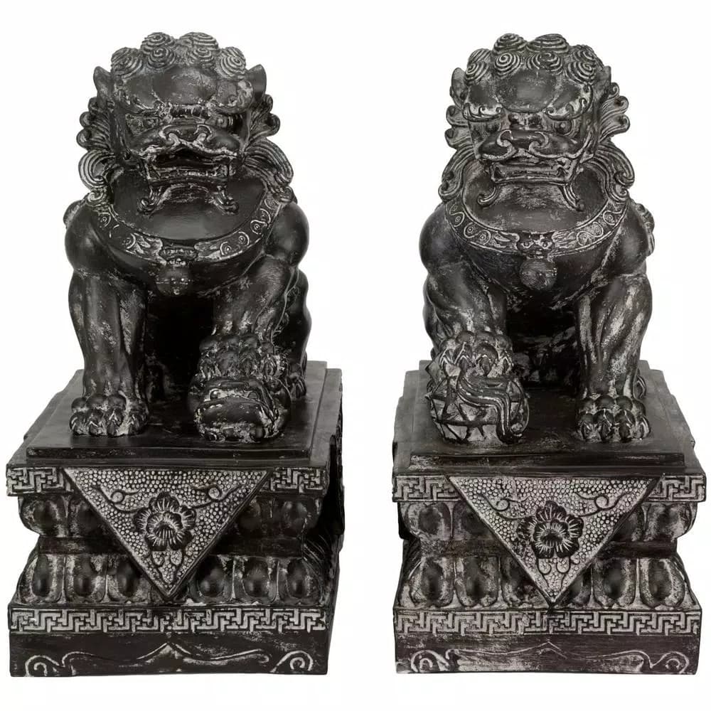 Oriental Furniture 18 in. Sitting Foo Dog Decorative Statues - Gray Resin Guardian Lions