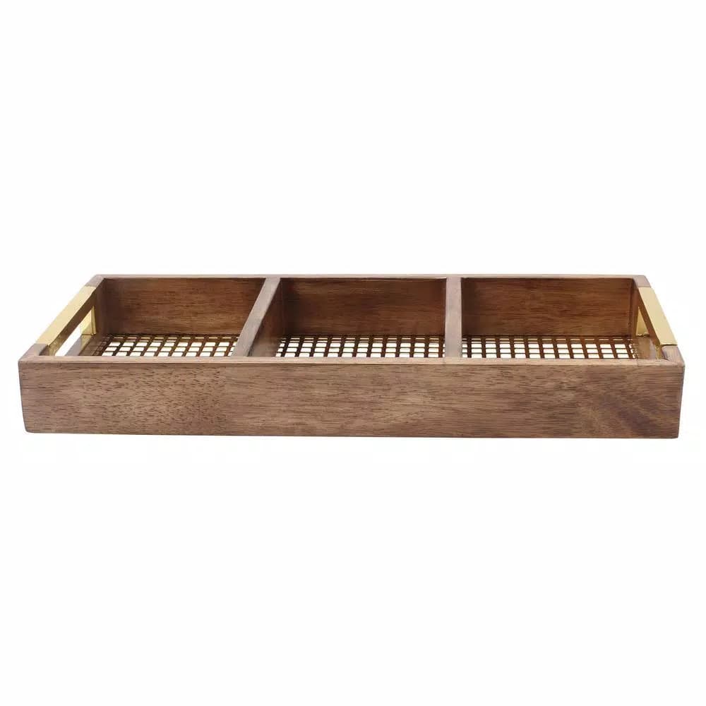 Kate and Laurel Hanneli Gold and Walnut Wood Divided Decorative Tray with 3 Sections