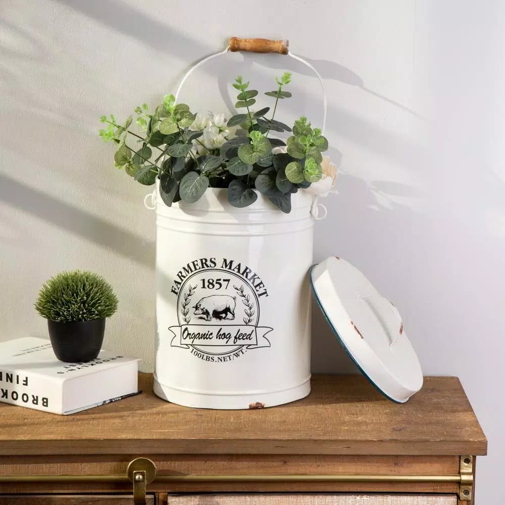Glitzhome 13 in. Farmhouse Enamel Metal Canister with Wire Handle and Distressed Finish
