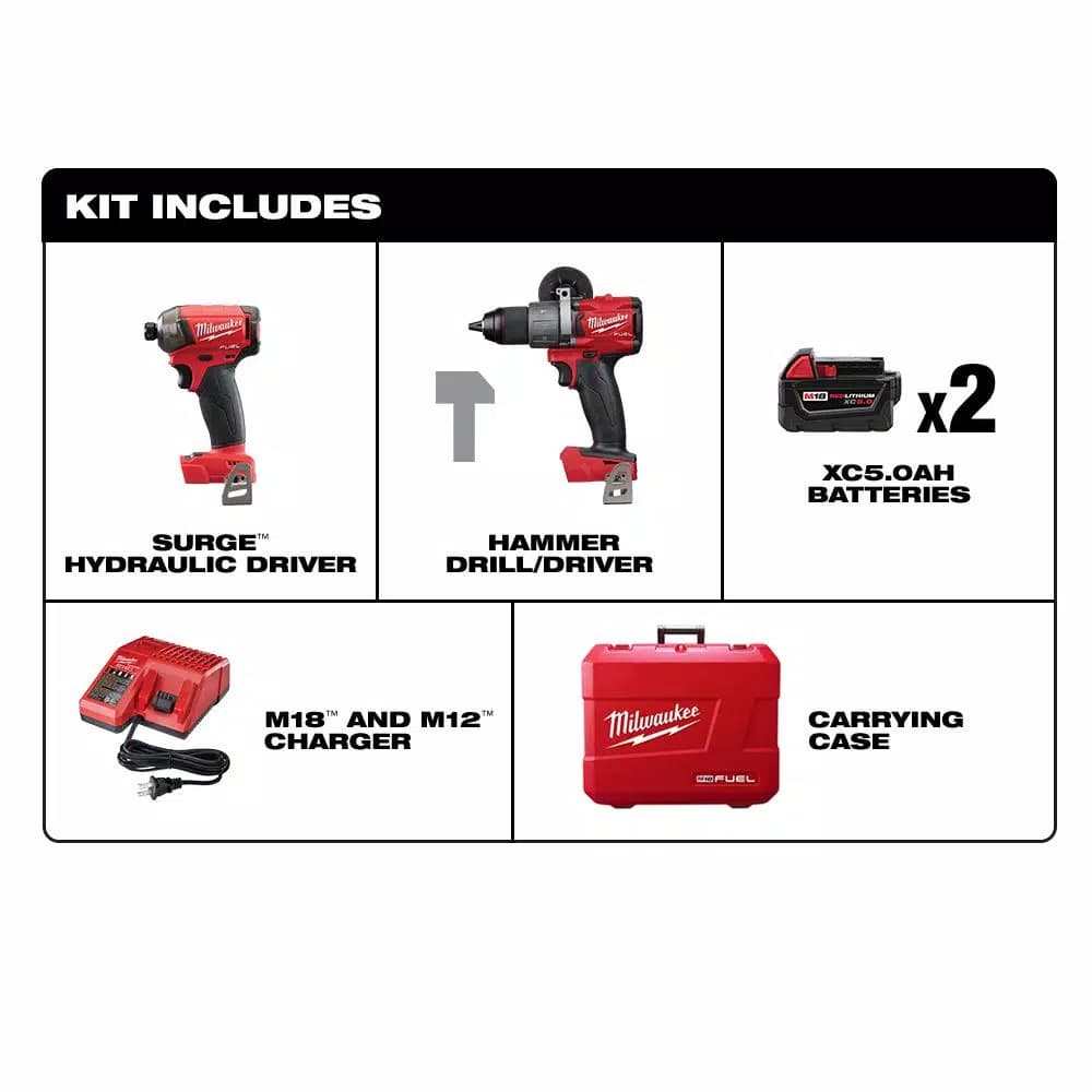 Milwaukee M18 FUEL 18V Brushless Hammer Drill and Surge Hydraulic Driver 2-Tool Combo Kit