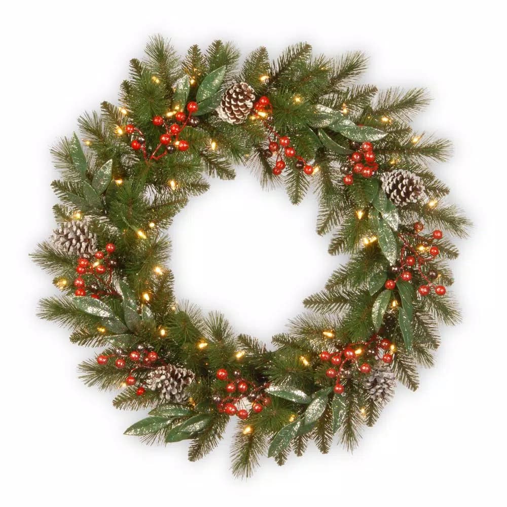 National Tree Company 24 in. Frosted Pine Berry Collection Wreath with LED Lights, Pine Cones, Red Berries & Eucalyptus
