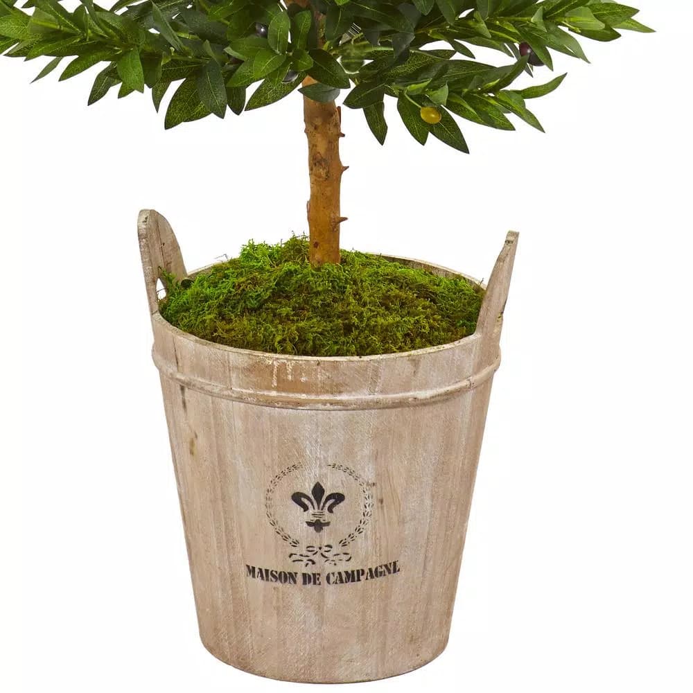 Nearly Natural 5-Ft. Artificial Olive Cone Topiary Tree in Farmhouse Wood Planter