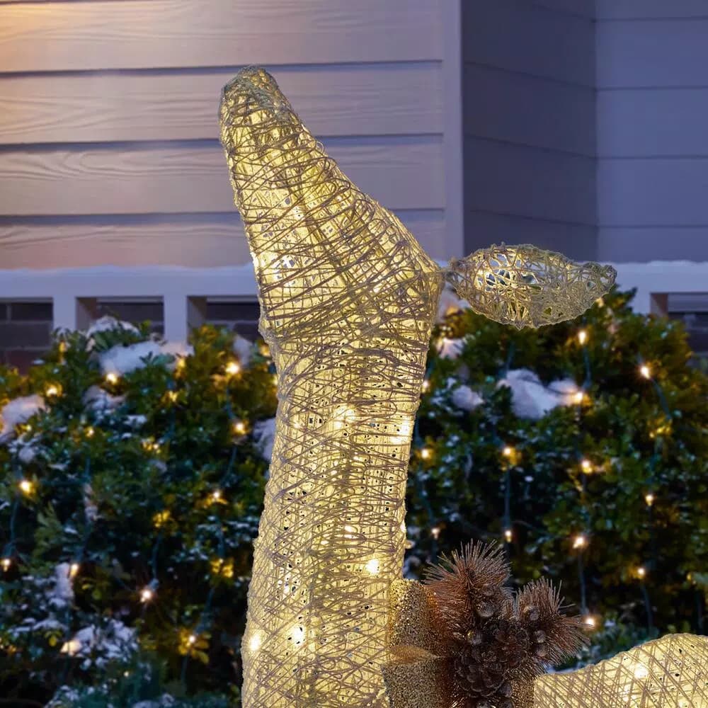 Home Accents Holiday 4 ft LED White Deer with Gold Bow, 80 Warm White Lights, Indoor/Outdoor Yard Decoration
