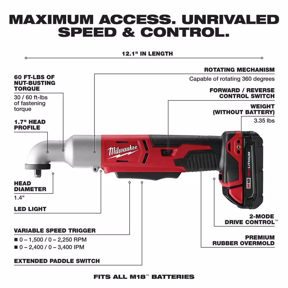 Milwaukee M18 18V Cordless 3/8 in. 2-Speed Right Angle Impact Wrench Kit with 1.5 Ah Battery, Charger, and Hard Case